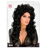 Packaging for long black curly showgirl costume wig