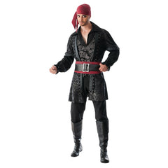 Black Beard Deluxe Pirate Costume - Adult, long distressed black jacket with stud look detail and skull print attached vest, belt and head scarf.