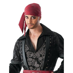 Black Beard Deluxe Pirate Costume - Adult, long distressed black jacket with stud look detail and skull print attached vest, belt and head scarf.