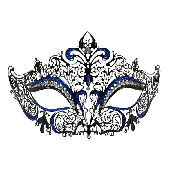 Black/Blue Filigree Eye Mask, metal lace madk with blue glitter and clear diamantes.