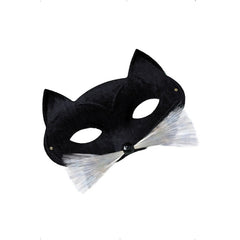 Black cat costume mask with whiskers and elastic strap for Halloween, masquerade, or animal-themed parties