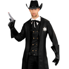 Pair of black leather look costume gloves, versatile accessory for western, superhero, or bikie costumes