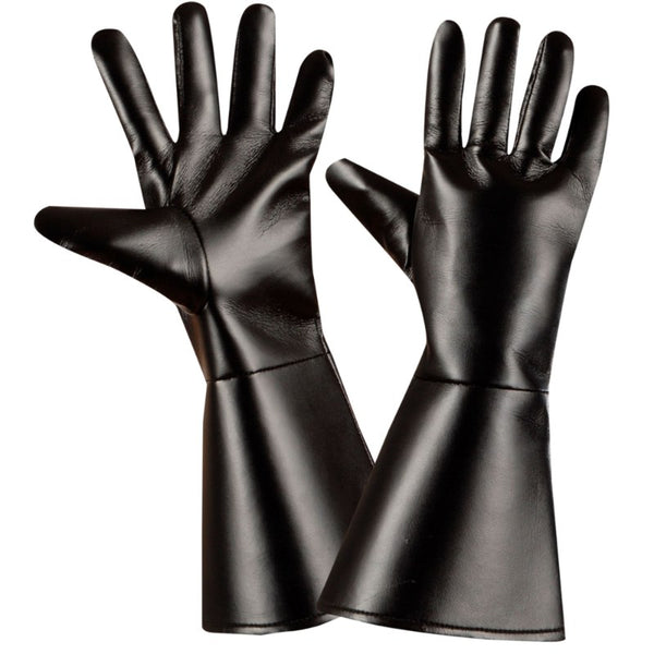 Pair of black leather look costume gloves, versatile accessory for western, superhero, or bikie costumes