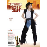 Black Cowgirl Vest and Chaps fringed Western costume packaging