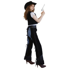 Black Cowgirl Vest and Chaps fringed Western costume front view