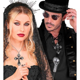 Gothic black cross jewellery accessory with silver detailing and decorative stones