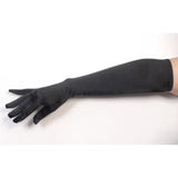 Black elbow-length satin gloves with stretch lycra finish