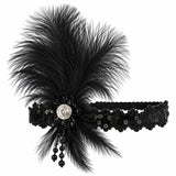 Black 1920s flapper headband with feathers and silver-tone centre detail