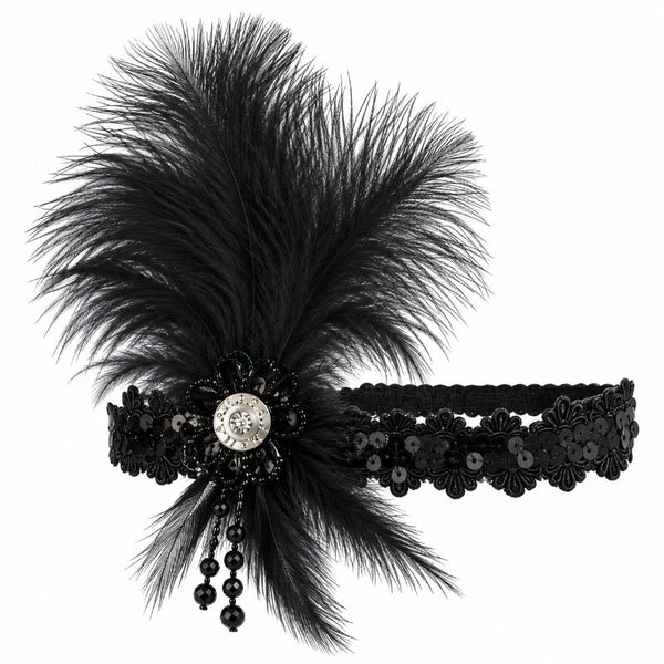 Black 1920s flapper headband with feathers and silver-tone centre detail