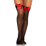 Leg Avenue Black Fishnet Thigh High Stockings with Red Bows – alternate front view from a different angle, highlighting the fishnet design and vibrant red bow accents.