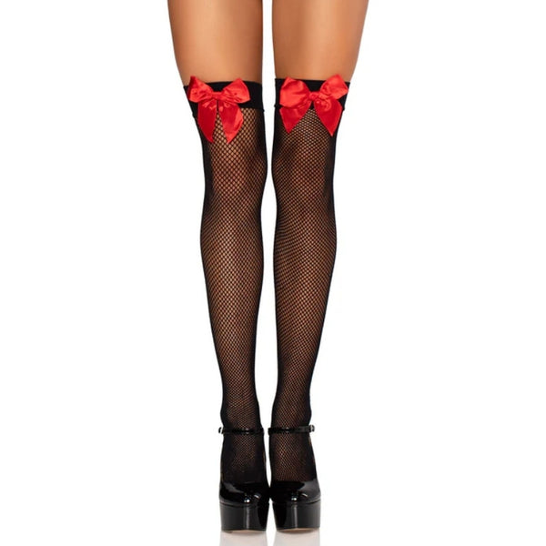 Black fishnet thigh high stockings with red satin bows – Leg Avenue