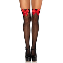 Black fishnet thigh high stockings with red satin bows – Leg Avenue