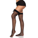Leg Avenue Black Fishnet Thigh High Stockings with Black Bows – alternate side view highlighting the curve-hugging fit and delicate bow detail.