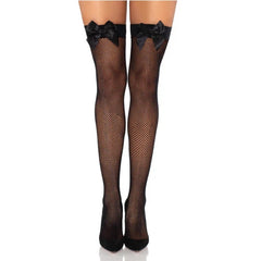 Black fishnet thigh high stockings with satin bow – Leg Avenue