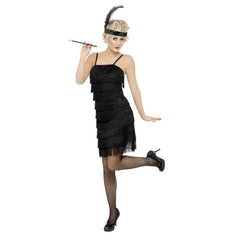 Black Flapper Dress with fringe detailing and feathered headpiece, perfect for 1920s-themed events.