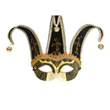 Black and gold Venetian jester mask with decorative bells