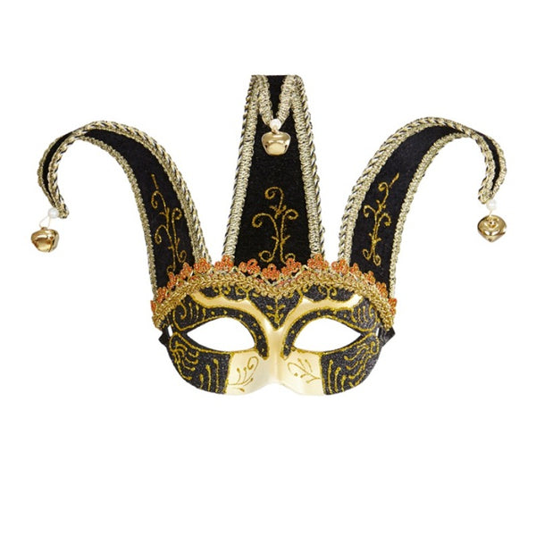 Black and gold Venetian jester mask with decorative bells