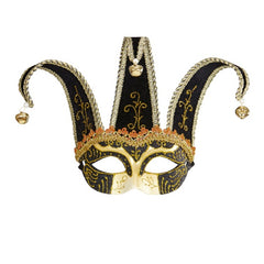 Black and gold Venetian jester mask with decorative bells