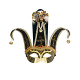 Black and gold harlequin masquerade mask with jingle bells
