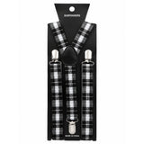 Black and green check suspenders with adjustable elastic straps for retro and vintage costumes.