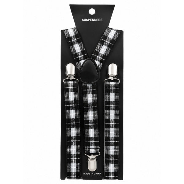 Black and green check suspenders with adjustable elastic straps for retro and vintage costumes.
