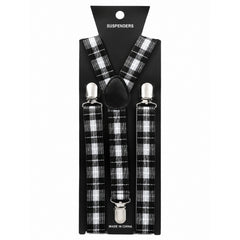 Black and green check suspenders with adjustable elastic straps for retro and vintage costumes.