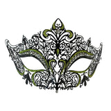 Black/Green Filigree Eye Mask, black lace metal mask highlights of green glitter and clear diamantes.