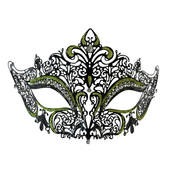 Black/Green Filigree Eye Mask, black lace metal mask highlights of green glitter and clear diamantes.