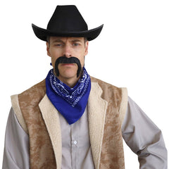 Black handlebar-style costume moustache with adhesive