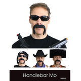Black handlebar-style costume moustache with adhesive