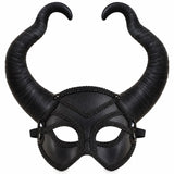 Black horned masquerade mask with large curved horns braid and black gems