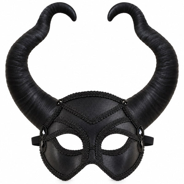 Black horned masquerade mask with large curved horns braid and black gems