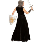 Women's Black Knight Costume with hooded medieval dress – back view