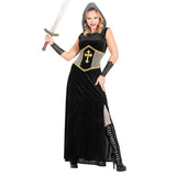 Woman wearing black medieval knight costume with silver hood and gold detailing