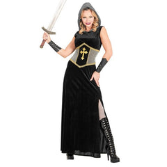 Women's Black Knight Costume with hooded dress and arm bands – front view