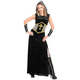 Women's Black Knight Costume with hooded dress and arm bands – front view