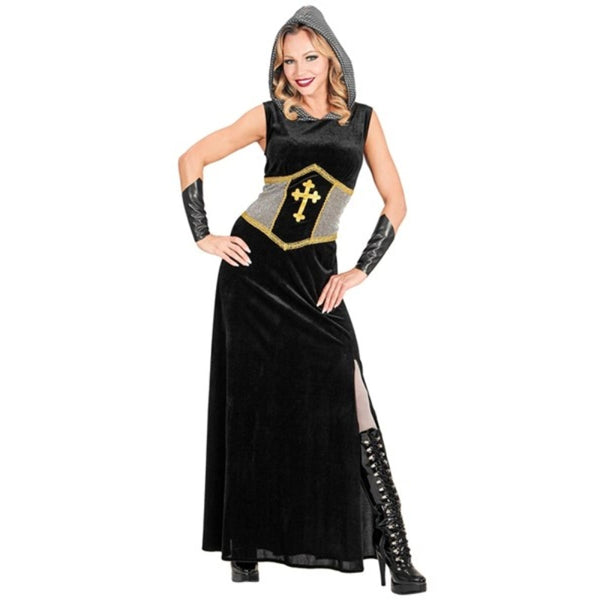 Women's Black Knight Costume with hooded dress and arm bands – front view