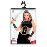 Women's Black Knight Costume packaging showing hooded dress and arm bands