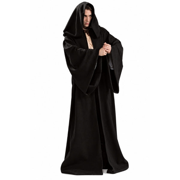 Adult black knight hooded robe costume front view