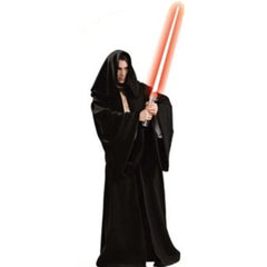 Front view of black knight robe costume with hood – unisex adult size from Cracker Jack Costumes.