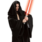 Close-up of black knight robe costume showing hood and flowing robe detail