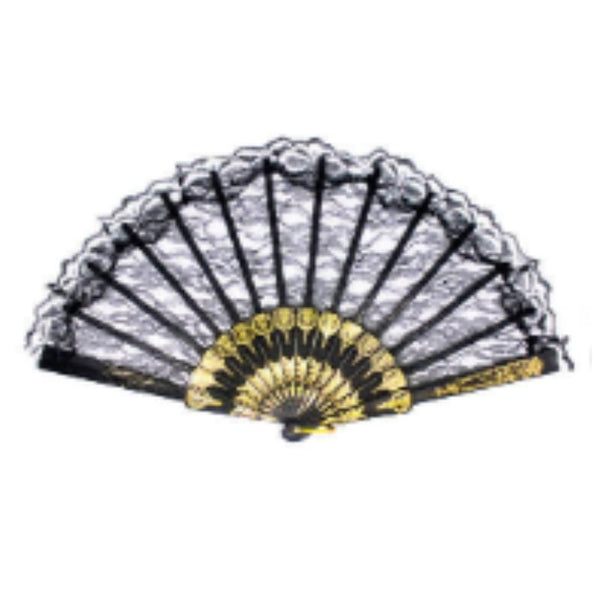 Black lace fan with gold trim costume accessory