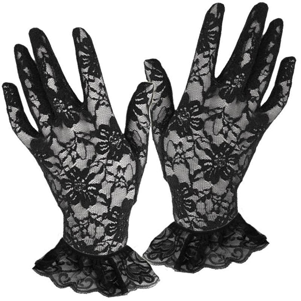 black lace gloves with ruffle cuff detail