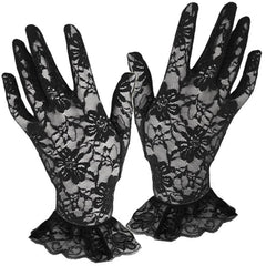 black lace gloves with ruffle cuff detail