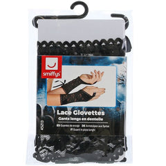 Black lace fingerless glovettes with lace-up wrist detail, 80s retro costume accessory
