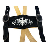 Suspenders with black leather straps and a white embroidered eagle emblem on a white background