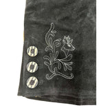 Black leather lederhosen with button and embroidery on leg of shorts