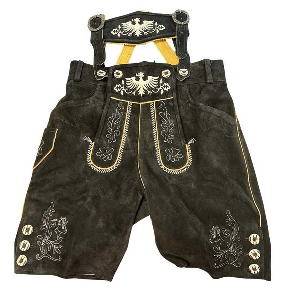 Black leather lederhosen with eagle design and attached braces