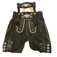 Black leather lederhosen with eagle design and attached braces