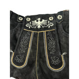 Black leather lederhosen showing close up of embroidery